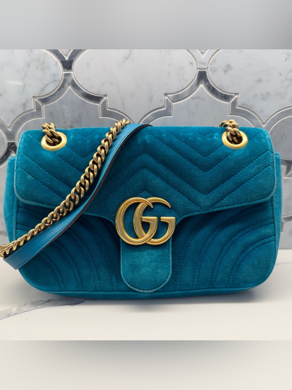 Gucci Teal Velvet GG Marmont Shoulder Bag with Gold Hardware
